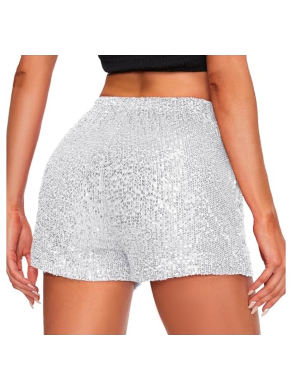 High Waist Sequin Shorts with Pockets Silver Party